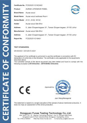 CE LVD Electrical Safety Certification   Aurae Lifewave Panel