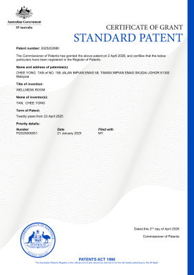 Australian Standard Patent Certificate   Aurae Wood Wellness Room