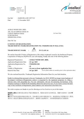 Official Trademark Registration (Class 44: Wellness & Care Services)   Aurae Wood