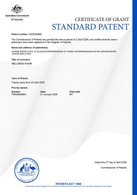 Australian Standard Patent Certificate   Aurae Wood Wellness Room
