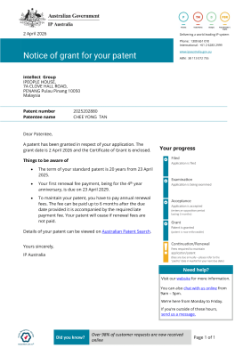 Official Australian Patent Grant   Proprietary Wellness Innovation