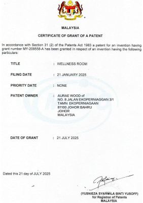 Malaysian Patent Grant   Aurae Wood Wellness Room