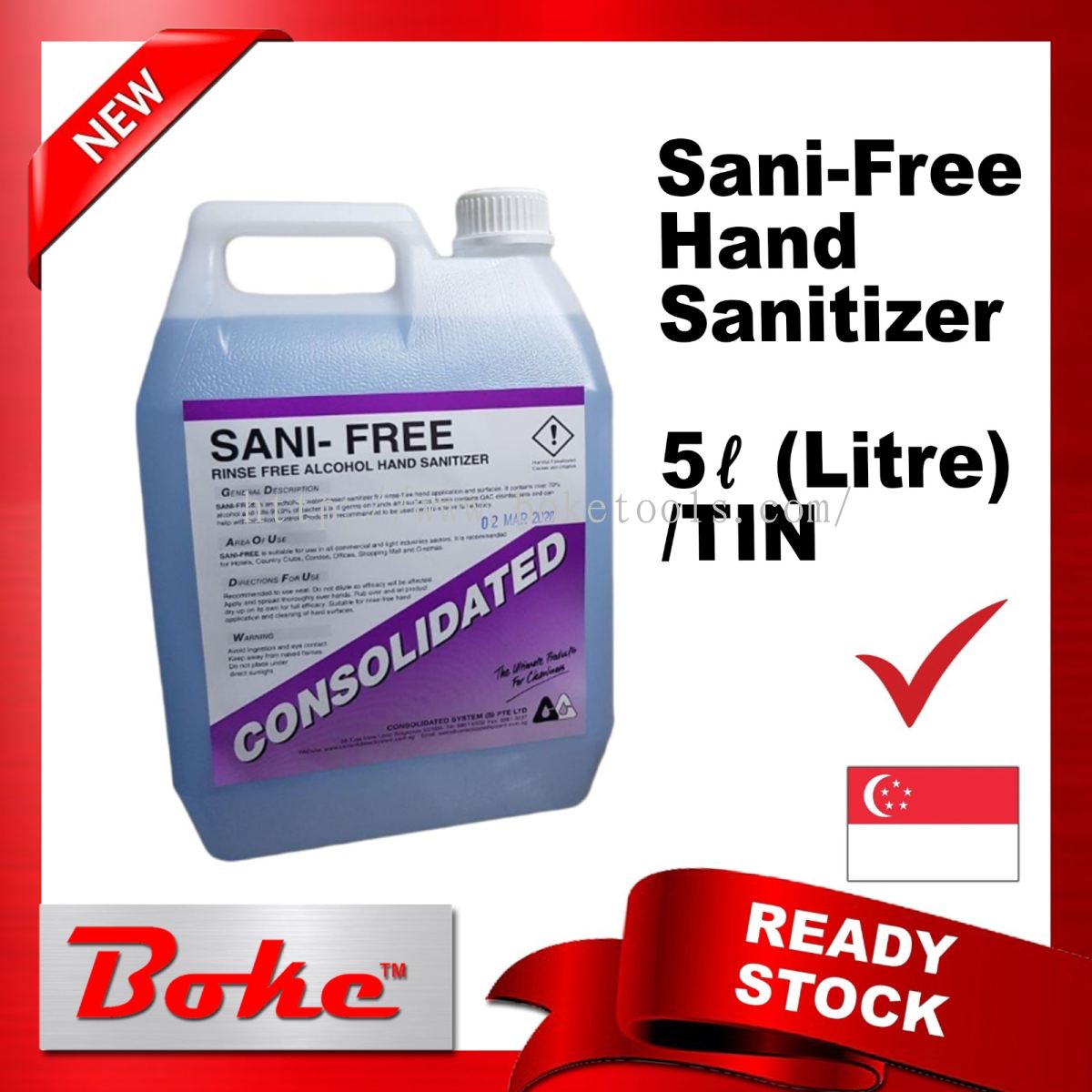 Boke Tools Machinery Pte Ltd:SANI-FREE RINSE FREE WATER BASED HAND SANITIZER 5L Litre