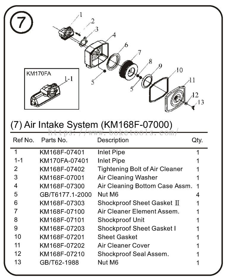 Boke Tools Machinery Pte Ltd:7.Air Intake System (KM168F-07000)
