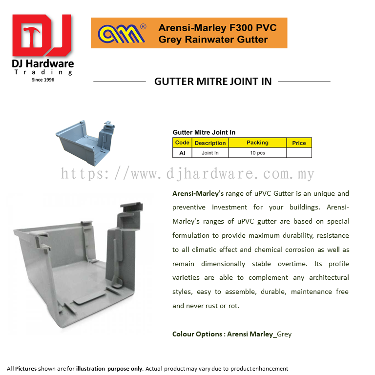 Kuala Lumpur (KL) ARENSI MARLEY F300 PVC GREY RAINWATER GUTTER MITRE JOINT  IN AI (CL) BUILDING SUPPLIES & MATERIALS from DJ Hardware Trading (M) Sdn  Bhd