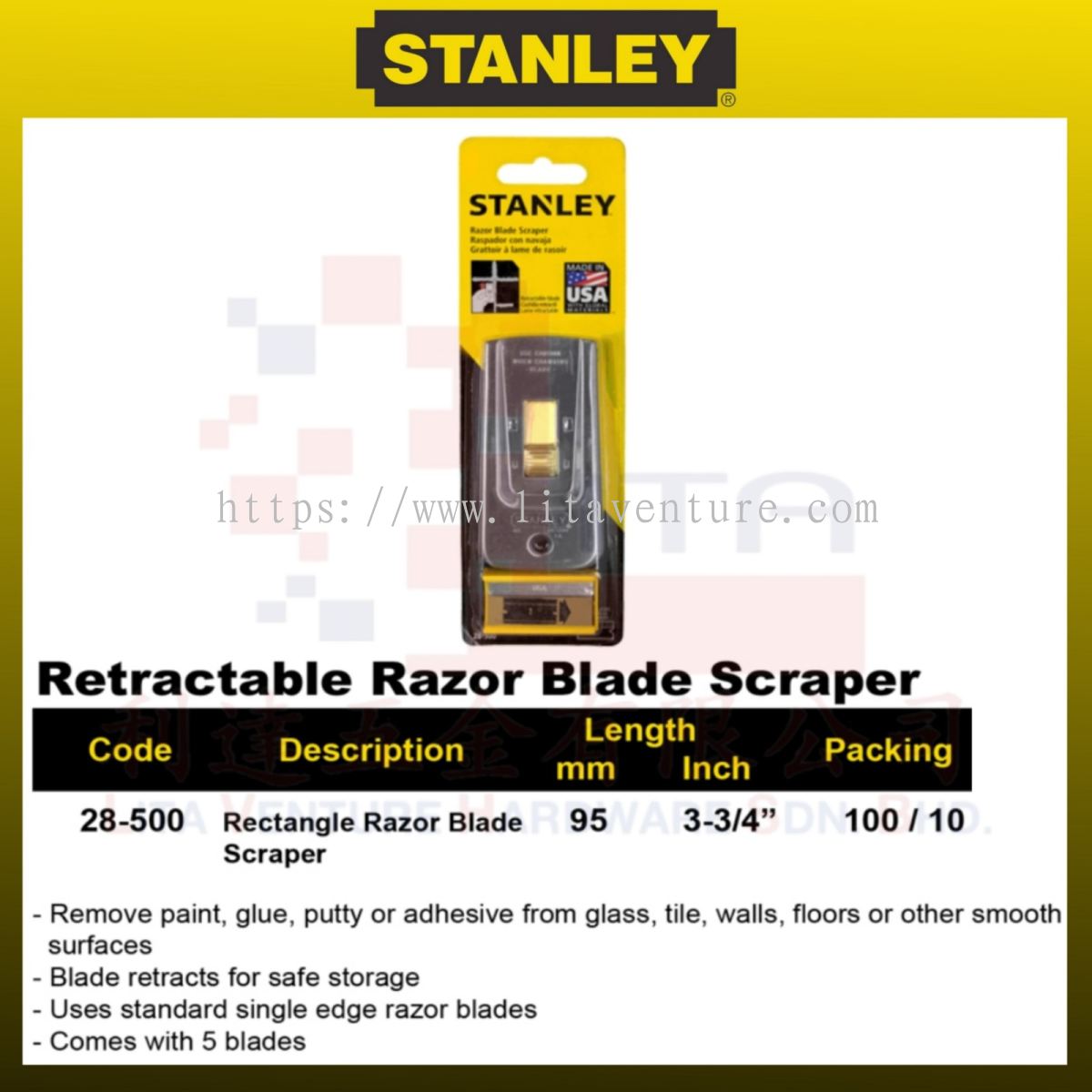 Stanley 3-3/5 Razor Blade Scraper with 5 Blades