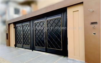Main Gate with tailor made work using rod iron, SS steel and Gold powder coat design by Stylehome.