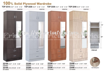 2 Door Solid Plywood Wardrobe with Top & Mirror