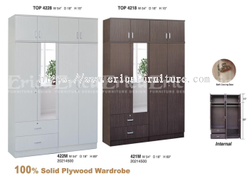 4 Door Solid Plywood Wardrobe with Top & Mirror