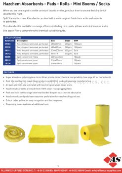 Hazchem Absorbents - Pads - Rolls - Mini Booms / Socks