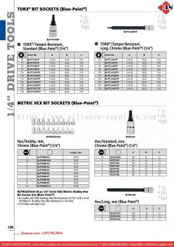 SNAP-ON 1/4" Drive Tools - Torx® Bit Sockets (Blue-point®) / Metric Hex Bit Sockets (Blue-point®)