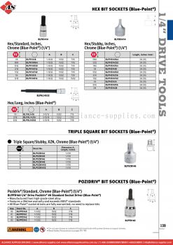 SNAP-ON 1/4" Drive Tools - Hex Bit Sockets (Blue-point®) / TRIPLE SQUARE BIT SOCKETS (Blue-Point®) / POZIDRIV® BIT SOCKETS (Blue-Point®)