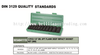 1/2" DR. 6PT FLANK DEEP IMPACT SOCKET SET (MM) 11 PCS - S03AD4111S