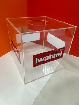 Transparent Acrylic Lucky Draw Box with company logo sticker