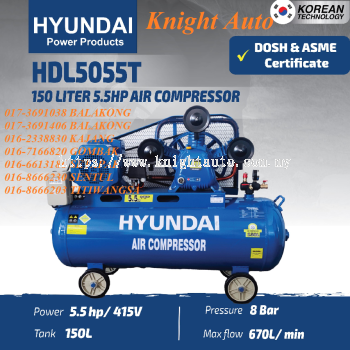 HYUNDAI HDL5055T Three Phase Air Compressor 5.5hp 415V 8Bar 150L With DOSH & ASME Certificate
