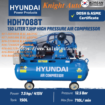 HYUNDAI HDH7088T Three Phase Air Compressor 7.5hp 415V 12.5Bar 150L With DOSH & ASME Certificate