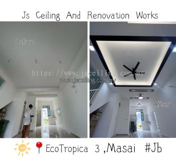 Specialist Cornice Ceiling Design #Eco Tropika 3 #Masai #Jb #Living Hall & Dining area #included Wiring #Led Downlight #Led strip #and in installation #Free On-site Measurement #Free on-site Quotations ..