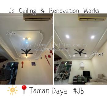 Cornices Ceiling Design #Taman Daya #Jb. #Living Hall L box design #Catholic Altar #included Wiring #Led Downlight #Free On-site Quotations. #Free on-site Measurement #welcome to inquire about Plaster Ceiling Can Whatsapp us Mr.John +60167211148 