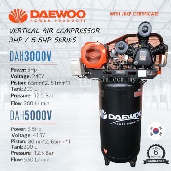 Daewoo Vertical Air Compressor 3HP/ 5HP 200L Tank (JKKP CERT)