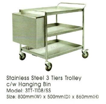 Stainless Steel 3 Tiers Trolley c/w Hanging Bin