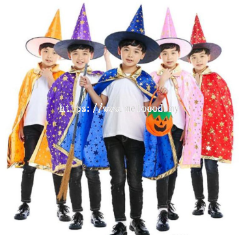 Children Halloween Costumes Wizard Witch Cloak Cape Robe (Free A Hat)
