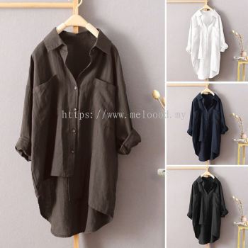 Women Loose Blouse Plus Size Plain Symmetrical Cotton and Linen Shirt Cardigan Blouse Loose Double Pocket