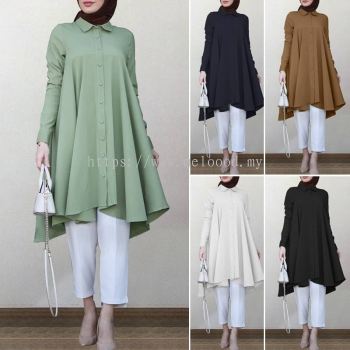 Baju Muslimah Blouse Labuh Women Casual Turn-Down-Collar Long Sleeve Blouse