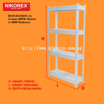 Metal Shelves (1.5MM Thickness) BOLTLESS RACK c/w 4 Layers