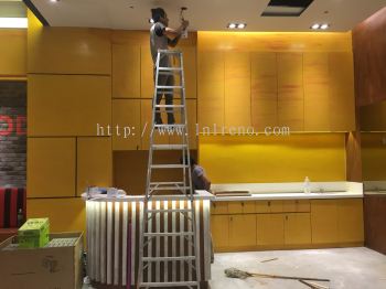 Restaurant renovation and carpentry work at Sunway Velocity KL #cabinet #boxup #spraypaint #plasterceiling #partition #tiling #painting #glass