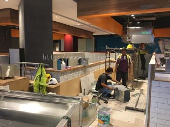 Food Kiosk renovation and carpentry work at Mytown KL #cabinet #boxup #spraypaint #plasterceiling #partition #tiling #painting #glass