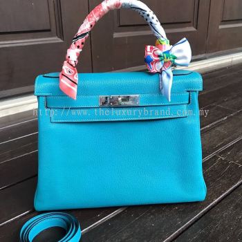 (SOLD) Hermes Kelly 28 Turquoise PHW Cherve
