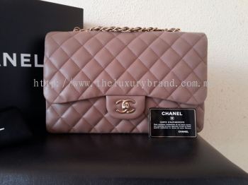 (SOLD) Chanel Taupe Lambskin Single Flap Jumbo with Matt Gold Hardware