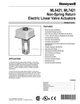 Honeywell ML6421, ML7421 Non-Spring Return Electric Linear Valve Actuators