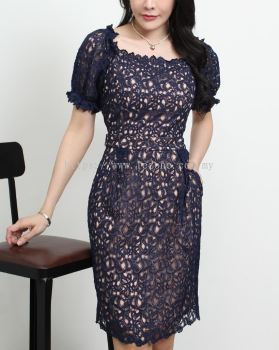 12270085 Laced Cinched Waist Sleeved Dress 