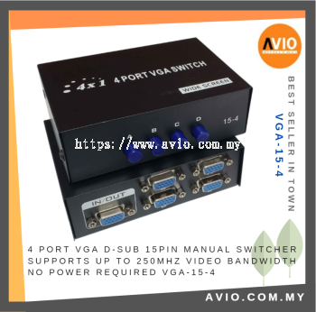 4 Port VGA D-Sub 15Pin Manual Switch Switcher up to 250MHz Video Bandwidth No Power Required VGA-15-4