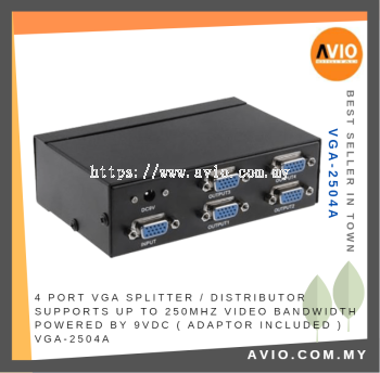 4 Port VGA Splitter Distributor Support up to 250MHz Video Bandwidth Powered by 9V DC Adaptor Adapter VGA-2504A