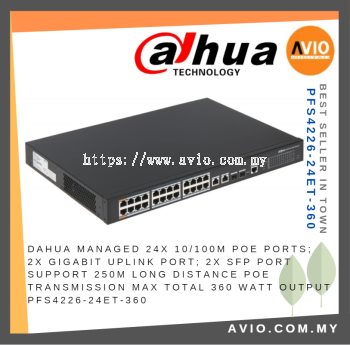 DAHUA Managed 24 POE Switch Switches 24x POE 2x Gigabit Uplink 2x SFP 250m POE Transmission 360 Watt PFS4226-24ET-360