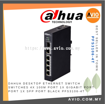 Dahua Desktop 4 Port Ethernet Switch Switches 4x 100m Port Ports 1x Gigabit Port 1x SFP Port Black Metal PFS3106-4T