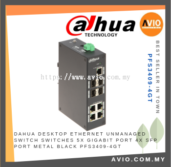 Dahua Unmanaged 4 Port Desktop Ethernet Switch Switches 5x Gigabit Port Ports 4x SFP Port Black Metal PFS3409-4GT