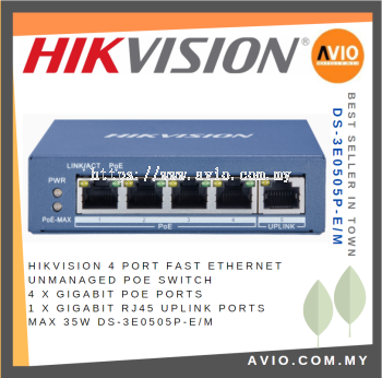 Hikvision 4 Port Ethernet Unmanaged POE Switch 4x Gigabit POE 1x Gigabit RJ45 Uplink 35w DS-3E0505P-E/M