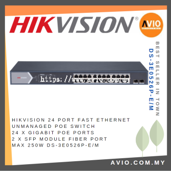 Hikvision 24 Port Ethernet Unmanaged POE Switch 24x Gigabit POE 2x SFP Module 250w DS-3E0526P-E/M