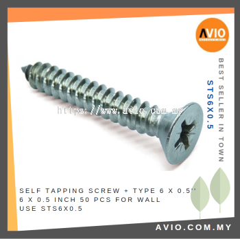 Self Tapping Screw + Type 6 X 1/2 6 x 0.5 Inch 50 Pcs for Wall use Electrical and Construction STS6X0.5