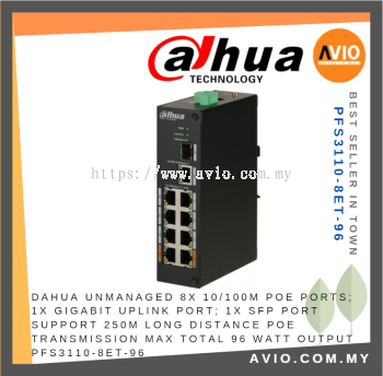 DAHUA 8 POE Switch Unmanaged 8x POE + 1x Gigabit Uplink 1x SFP 250 Meter POE Transmission Max Total 96W PFS3110-8ET-96
