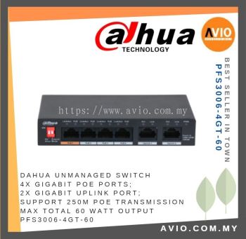 DAHUA Unmanaged 4 POE Switch Switches 4x Gigabit POE 2x Gigabit Uplink 250m POE Transmission Max 60 Watt PFS3006-4GT-60