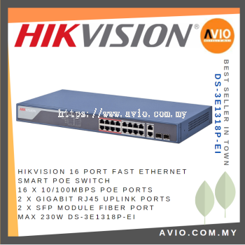 Hikvision 16 Port Ethernet Smart POE Switch 16x 100mb POE 2x Gigabit RJ45 Uplink 2x SFP Fiber 230w DS-3E1318P-EI