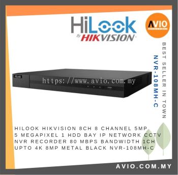 Hilook Hikvision 8ch 8 Channel 5MP / 8MP 4K Lite 1 HDD Bay IP Network CCTV NVR Recorder 80Mbps Metal Black NVR-108MH-C(C)