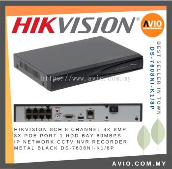 Hikvision 8CH 8 Channel 4K 8MP 8x POE Port 1 Hdd Bay 80Mbps Ip Network CCTV NVR Recorder Metal Black DS-7608NI-K1/8P