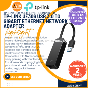 TP-LINK Tplink UE306 USB - LAN USB 3.0 To Gigabit 1000Mbps Speed 1x Ethernet LAN Port Network Adapter Black UE306