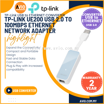 TP-LINK Tplink UE200 USB - LAN USB 2.0 to 100Mbps Speed 1x Ethernet LAN Port Network Adapter Plug & Play White UE200