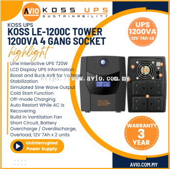 KOSS Lennox 1200VA 720W Uninterruptible Power Supply UPS 3x UK Socket 2x 7Ah Back Up Battery Voltage Stabilizer LE-1200C